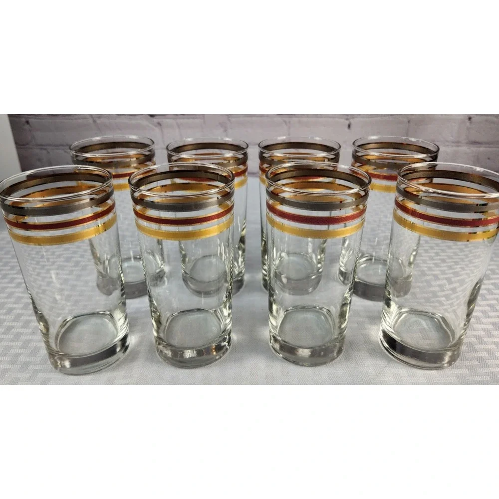 Set Of 8 Culver LTD Gold Banded Rondo 12 Oz. MCM Tall Drinking Bar Glasses 5.5